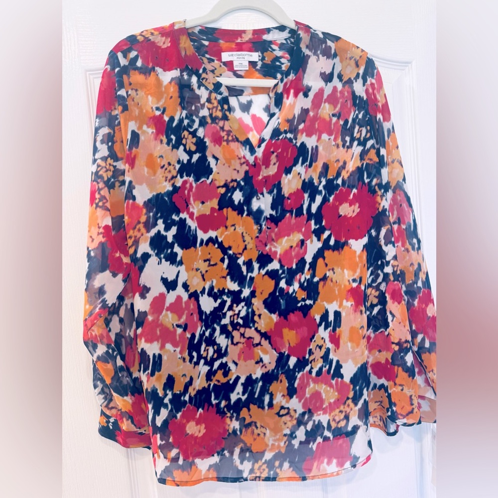 Liz Claiborne Petite Blue and Pink Floral Blouse PETITE XL
